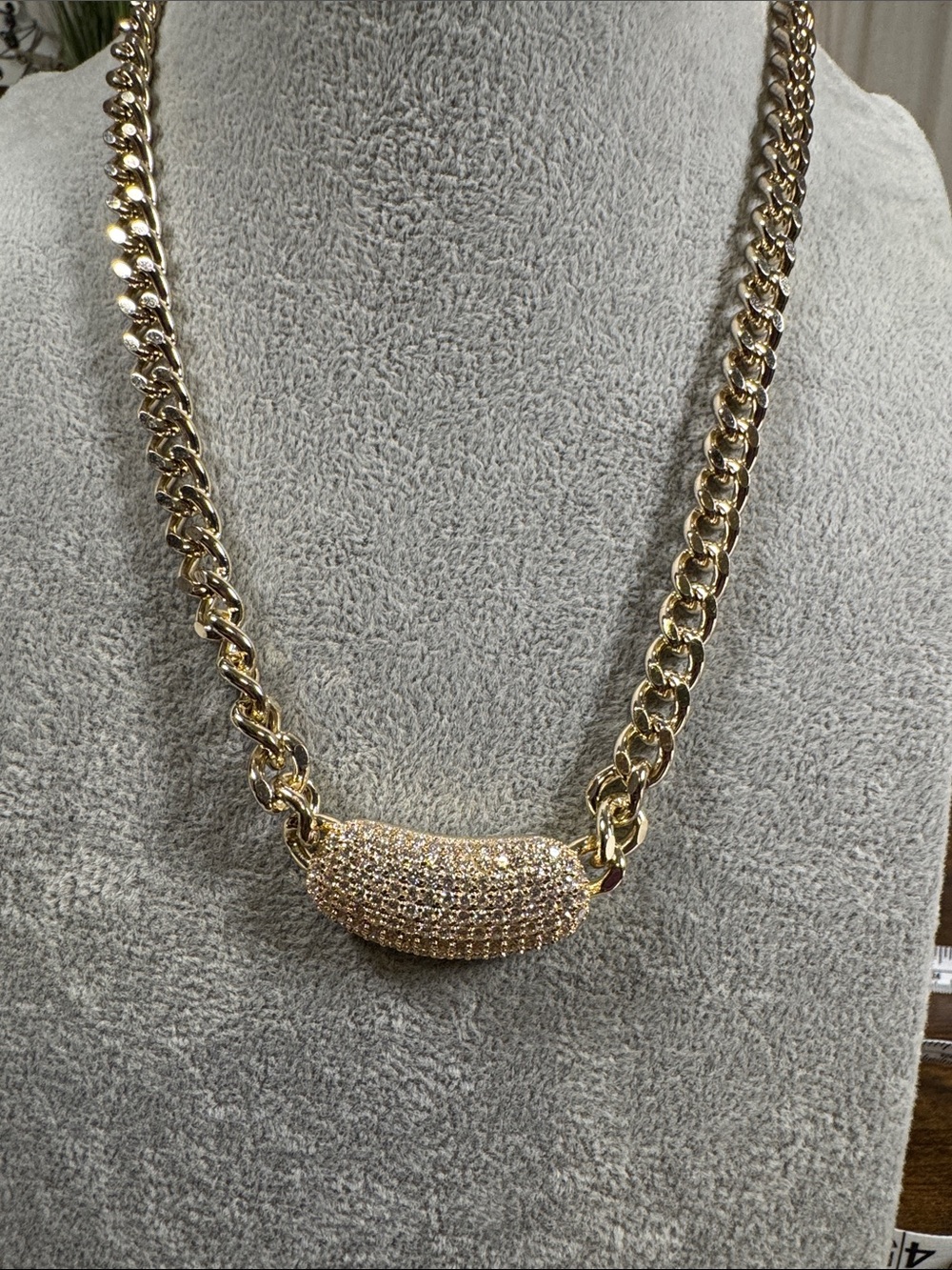 Gold Crystal Pave Statement Necklace on Cuban Chain- Women Jewelry